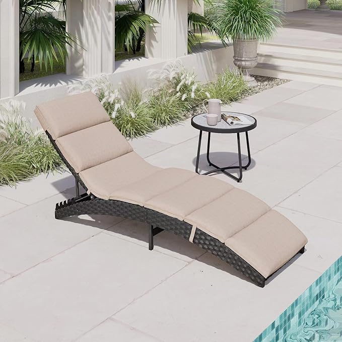 Grand patio Outdoor Lounge Chair Wicker 4-Position Adjustable Folding Aluminum Patio Chaise Lounge with Cushion Beige - Photo 1