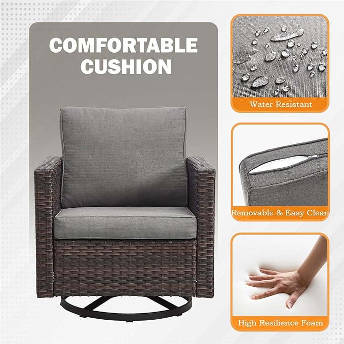 Patio Chairs Wicker Swivel Rocker - Oversize Patio Furniture Conversation Set Outdoor Swivel Glider 350LBS Max Load Outdoor Rocking Chairs with High Back for Porch Balcony Deck - Brown/Grey