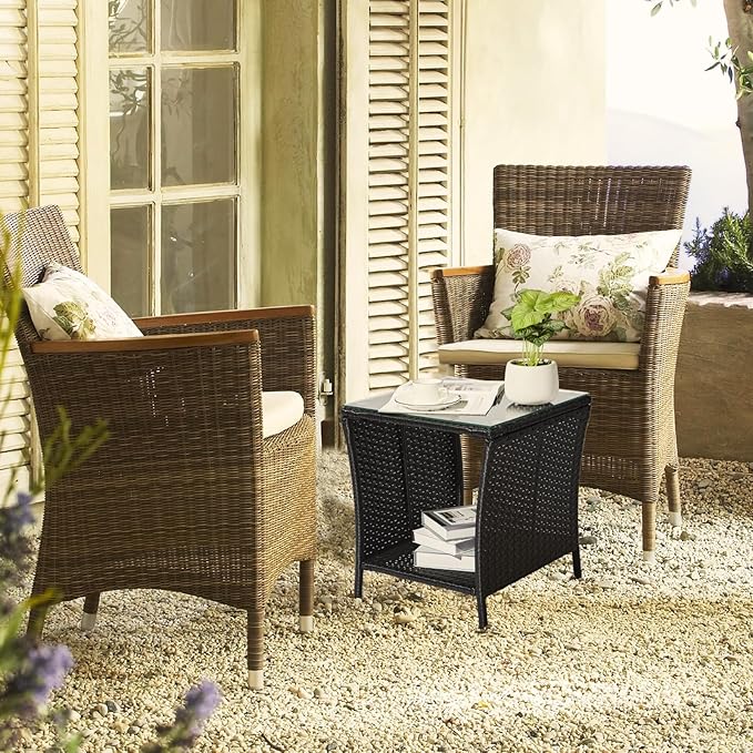 Outdoor Rattan Side Table, Square Coffee Table with Tempered Glass Top and Storage, Black - Photo 9