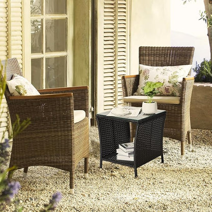 Outdoor Rattan Side Table, Square Coffee Table with Tempered Glass Top and Storage, Black