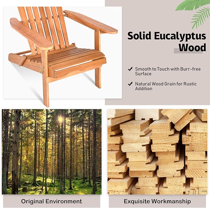 Tangkula Folding Adirondack Chair, Weather Resistant Outdoor Chair, Eucalyptus Wood Adirondack Lounger Chair for Patio Porch Deck Poolside and Backyard (1) Natural