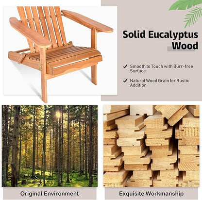 Tangkula Folding Adirondack Chair, Weather Resistant Outdoor Chair, Eucalyptus Wood Adirondack Lounger Chair for Patio Porch Deck Poolside and Backyard (1) Natural