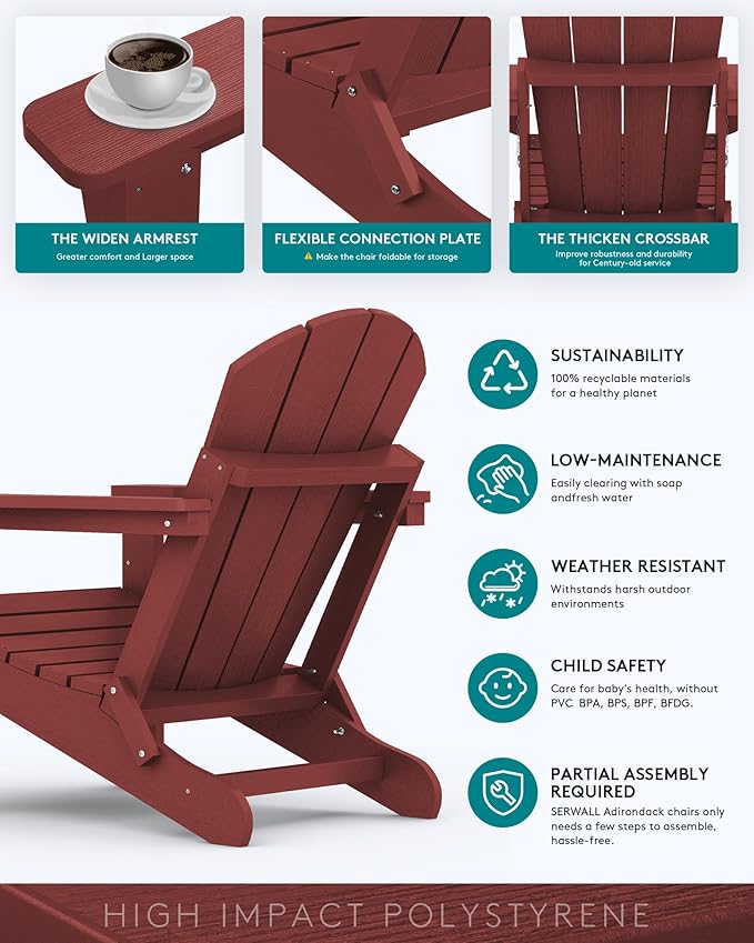 SERWALL Folding Adirondack Chair Set of 8, Weather Resistant Patio Chair with Cup Holder Weather Resistant Fire Pit Chair for Patio -Red