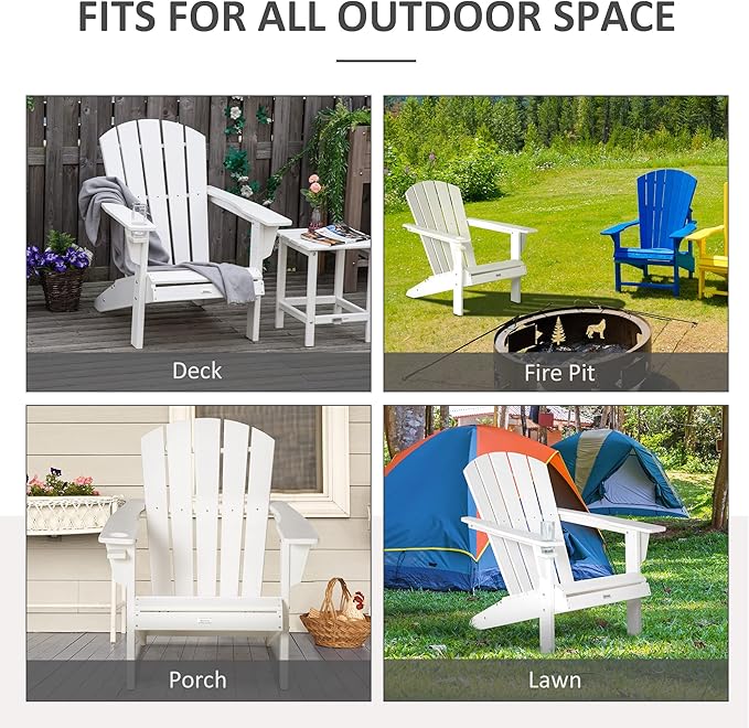Outsunny Adirondack Chair with Cup Holder, All Weather Patio Chair HDPE Lounger, Fire Pit Seating High Back and Wide Seat for Outdoor, Backyard, Garden, Deck, Lawn, White