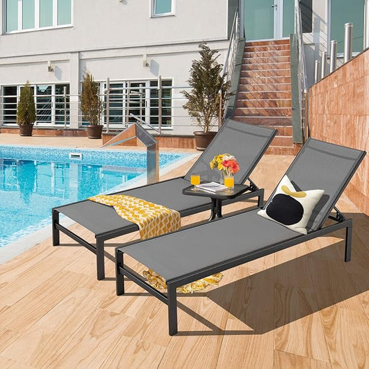 Tangkula Aluminum Lounge Chair Outdoor, Patio Adjustable Chaise Lounge with 6-Position Backrest, Aluminum Frame, Breathable Fabric, Lightweight Recliner Pool Chairs for Poolside, Backyard (2, Grey)