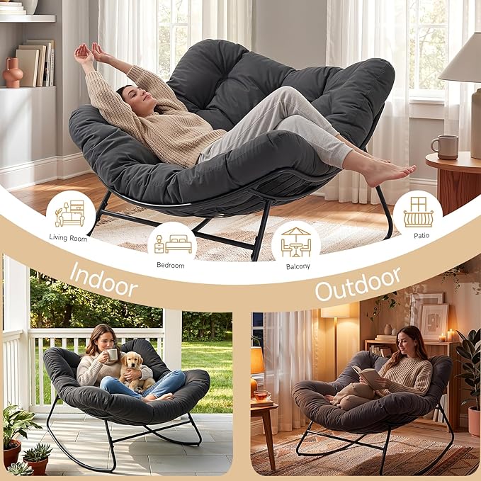 Outdoor Papasan Rocking Chair, 450 lbs Oversized Comfy Patio Chair with Thickened Cushion, Indoor Egg Rocking Lounge Chairs, Rocker Chairs for Patio Porch Garden Living Room Bedroom, Dark Gray