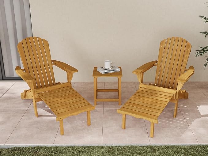 Set of 2 Outdoor Wooden Folding Adirondack Chair with Retractable Ottoman, Wood Patio Chair with Footrest for Garden Backyard Porch Pool Deck Firepit