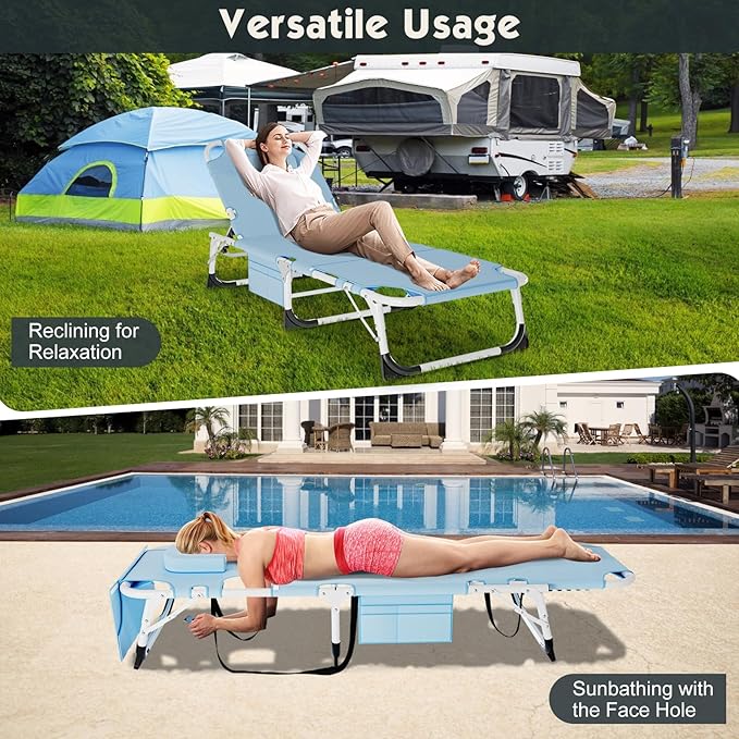 MOPHOTO Beach Lounge Chair, 5-Position Adjustable Tanning Chair with Face Hole, Heavy Duty Folding Chaise Lounge for Beach, Pool, Patio & Sunbathing