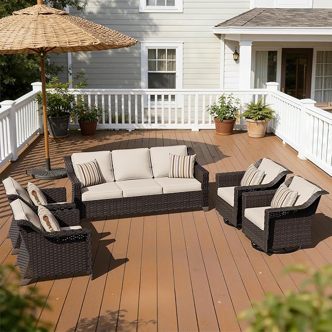 5 Pieces Patio Conversation Furniture Set - 1 Sofa, 2 Armchairs, 2 Swivel Chairs, Outdoor Wicker Furniture with Removable Cushions for Porch, Balcony, Sunroom (Beige)