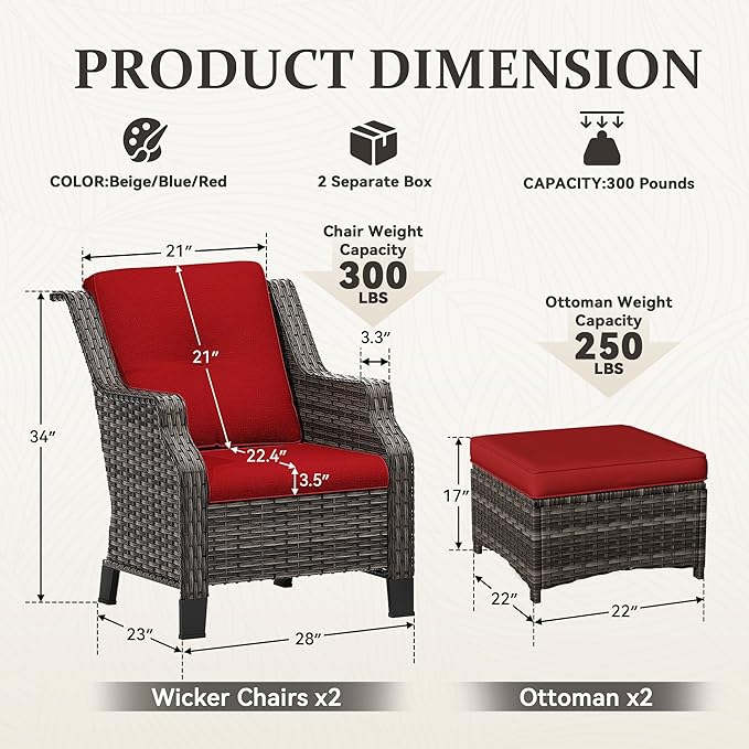Wicker Patio Furniture Set - 4 Piece Rattan Outdoor Conversation Sets with 2 Wicker Patio Chairs, 2 Ottomans for Garden - Photo 2