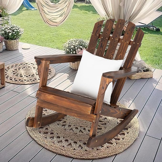 Wood Patio Adirondack Rocking Chair Rustic Wooden Rocker Chair High Backrest for Porch, Poolside and Garden
