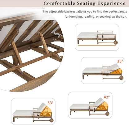 Acacia Wood Outdoor Patio Daybed Sunbed with Movable Wheels, All Weather Chaise Lounges Reclining with Adjustable Backrest for 2 People (Beige-C2)