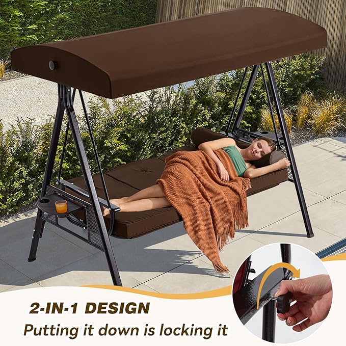 3 in 1 Outdoor Porch Swing with Canopy, 3 Seat Outdoor Swing for Adults, Patio Swing Chair with Thickened Cushions - Photo 3