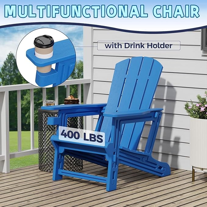 Adirondack Chair, Plastic Adirondack Chair with Cup Holder, Outdoor Weather Resistant Lawn Furniture, 400 LBS Capacity Recliner, Garden Backyard Patio Without Screws Install,Set of 2 Klein Blue