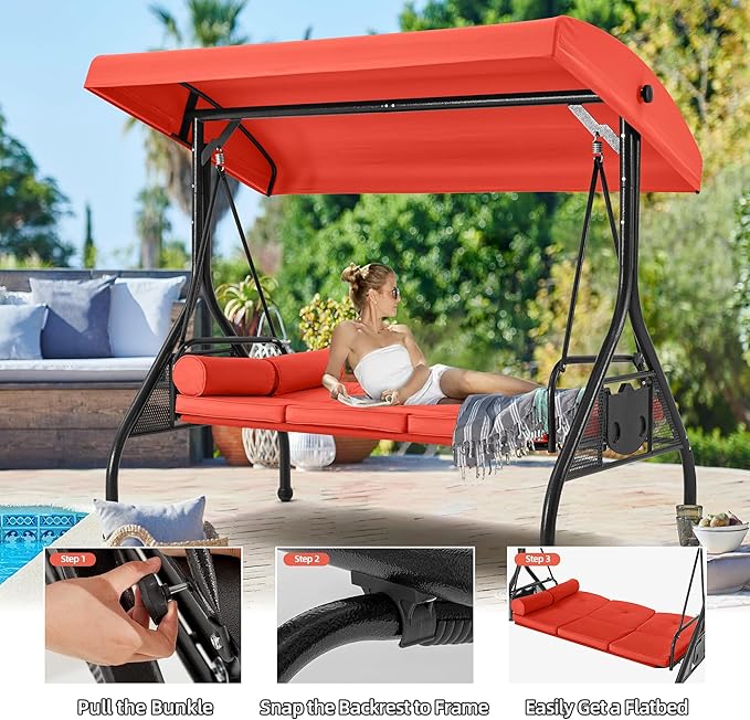 HOMREST 3 Seat Outdoor Porch Swing with Adjustable Canopy, Convertible Patio Swing Bed with Stand - Photo 3
