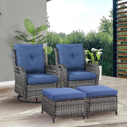 Rilyson Wicker Patio Furniture Set - 4 Piece Rattan Outdoor Sectional Conversation Sets with 2 Swivel Rocking Chairs,2 Ottomans for Porch Deck Garden(Mixed Grey/Blue)