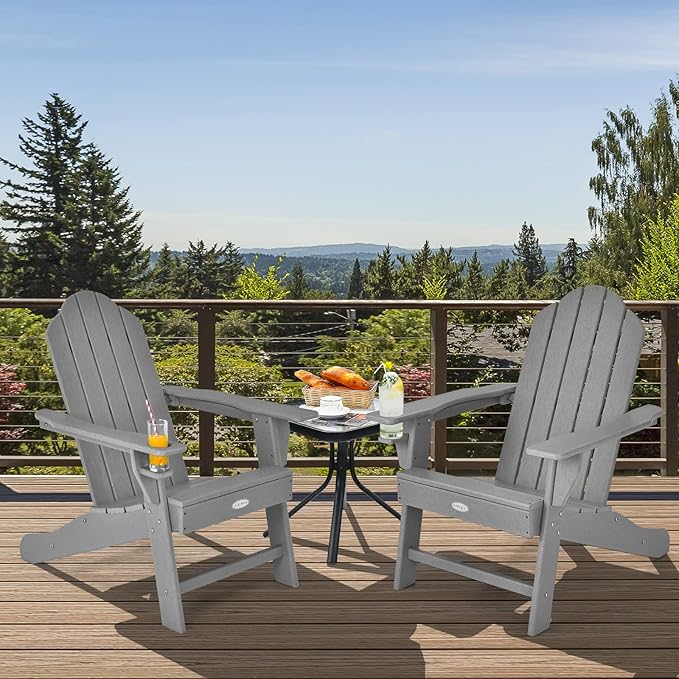 Tangkula Adirondack Chair Outdoor, Fade Resistant HDPE Armchairs with Cup Holder, Weather Resistant Lounger Chairs for Patio Garden Backyard Deck, Lawn Porch Seating, Adirondack Lounger (4, Grey)