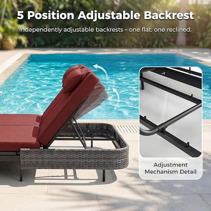 NICESOUL Double Chaise Lounge Outdoor, 51.2" Wide 2-Person Daybed with Independent Recline, Loveseat with 4" Thick Cushions, Heavy Duty All-Weather Wicker Sunbed for Patio Poolside Garden