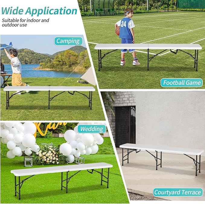 6 Feet Folding Bench Seat Plastic Portable with Metal Legs, Outdoor Rustic Practical Bench w/Handle & Lock, 3-4 People Sturdy Seat for Indoor/Outdoor Party Garden Camping Dining Picnic Use 2 Pack