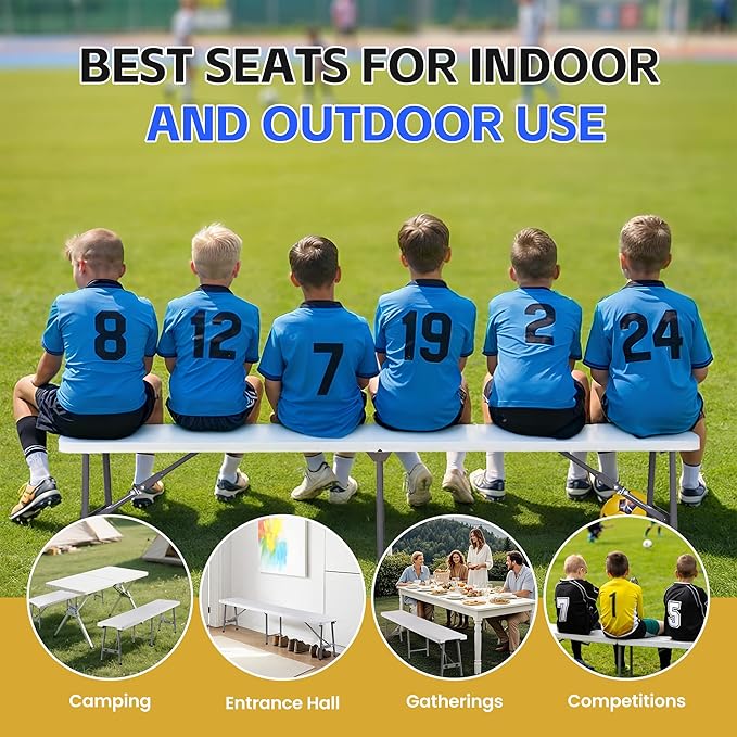 JungleA Folding Bench 6 FT 2 Pack 660lbs Plastic Portable Bench with Handle, Non-Slip Mat & Waterproof, Multi-Use Activities for Soccer Games, Camping, Picnic, Garden Party & Indoor Outdoor Events