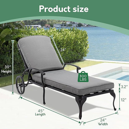 Chaise Lounge Chair Outdoor- Patio Pool Chairs Tanning Lounges for Outside Beach Lounger Cast Aluminum Set of 2 Reclining Gray with Side Table
