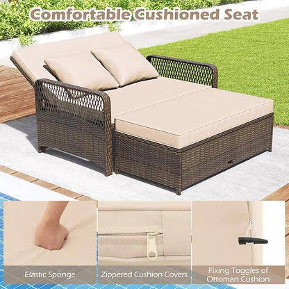 Tangkula Patio Rattan Daybed with 4-Level Adjustable Backrest, 2-Person Outdoor Wicker Loveseat with Storage Ottoman & Soft Cushions, Double Sunbed Lounger for Backyard, Porch, Poolside (Beige)
