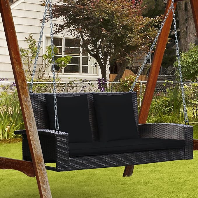 RELAX4LIFE Porch Swing 2-Seat Patio Rattan, Wicker Porch Swings Outdoor W/Two 7.9 Ft Solid Steel Chain - Photo 4