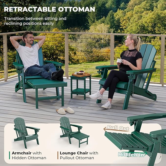 BRIOPAWS Adirondack-Chair-with-Pull-Out-Footrest | Folding | HDPE Plastic | Fire Pit Chairs | All Weather | Cup Holders | Curved Back | Retractable Ottoman | for Outdoor Deck Poolside | Forest