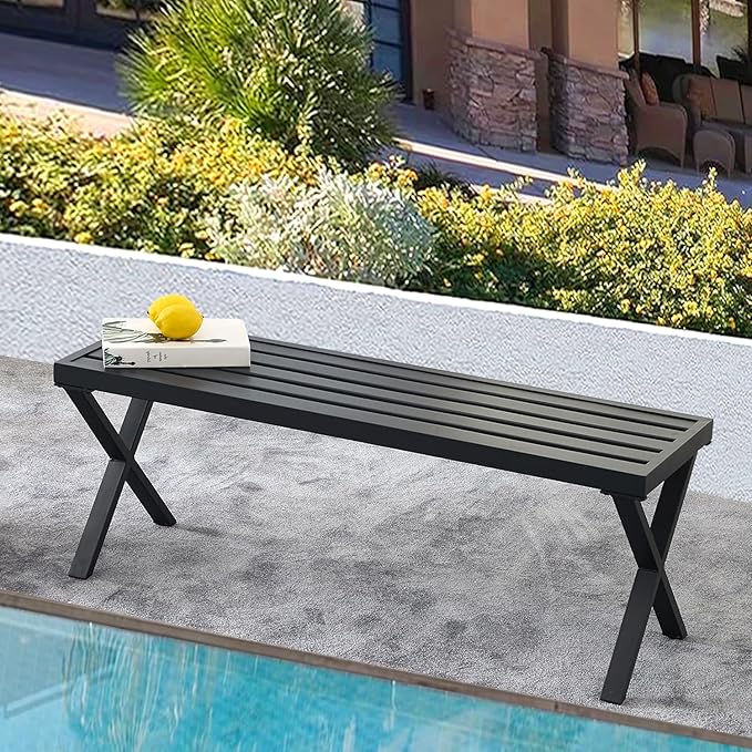 Black Outdoor Bench, 46" Outdoor Metal Backless Bench for Outdoor, Patio Garden Bench - Photo 1