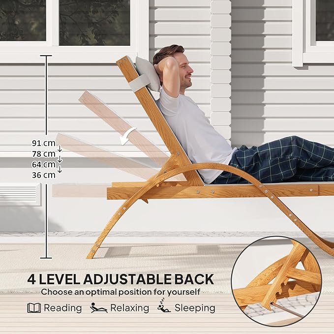 Outsunny Larch Wood Lounge Chair, 4-Level Adjustable Tanning Chair, Full Flat Patio Lounger with Mesh Seat, Outdoor Sun Chaise for Patio Beach, Cream White