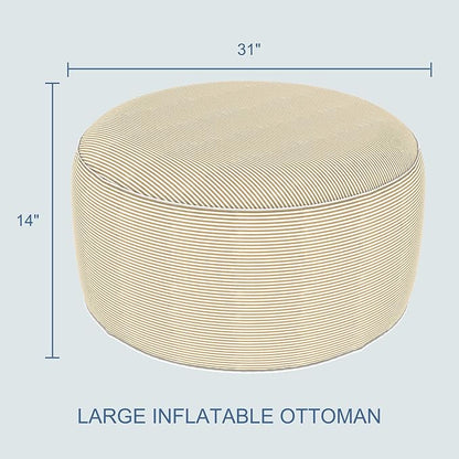 LVTXIII Indoor/Outdoor Extra Large Inflatable Ottoman Pouf D31 x H14 Inch, Round Footstool with Handle, Weather-Resistant Portable Furniture for Patio, Camping, Beach, Stripe Beige