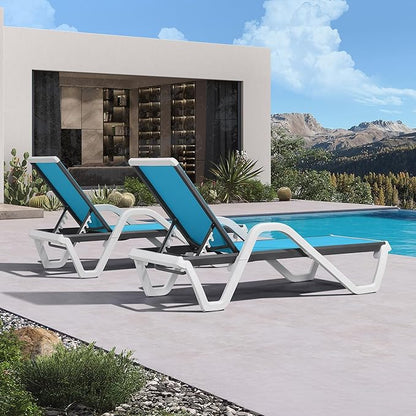 PURPLE LEAF Patio Chaise Lounge Set of 2 Plastic Pool Outdoor Lounge Chair with Armrest Stackable Poolside Tanning Chairs for Beach Deck Yard Sunbathing, Blue