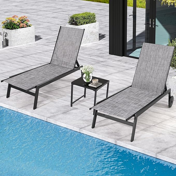 EROMMY Patio Chaise Lounge Chair Set of 2 with Table, Waterproof Outdoor Poolside Recliners with Adjustable Backrest & Wheels