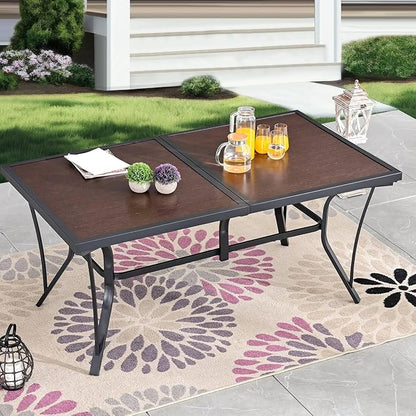 Outdoor Dining Table 63" Rectangular Metal Patio Dining Table for 6 with Wood Grain Tabletop Galvanized Steel Frame