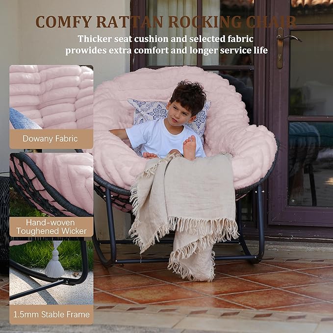 Outdoor Rocking Chair, Patio Wicker Egg Chair, Indoor Comfy Oversized Papasan Chair with Padded Cushion, Royal Rattan Rocker for Front Porch, Garden, Patio (Pink)