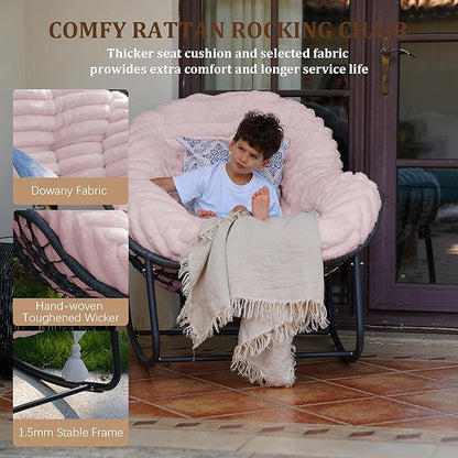 Outdoor Rocking Chair, Patio Wicker Egg Chair, Indoor Comfy Oversized Papasan Chair with Padded Cushion, Royal Rattan Rocker for Front Porch, Garden, Patio (Pink)