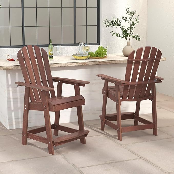 Giantex Tall Adirondack Chair Set of 2, HDPE Outdoor Bar Stools with Armrests, 4.5” Wide Footrest, Patio Adirondack Barstools, All-Weather Balcony Chairs for Poolside, Garden, Backyard (Coffee)