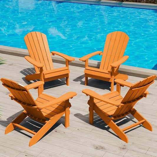 YEFU Adirondack Chairs Set of 4: Outdoor Chair HIPS Plastic Adirondack Chairs - Patio Chairs with Wood Texture - Lawn Fire Pit Deck Porch Garden Chairs for Adults (Tangerine)