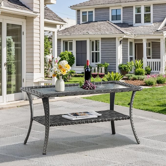 Outdoor Coffee Table - Patio Rattan Wicker Coffee Table with Tempered Glass Top and 2-Tier Storage Outdoor Table for - Photo 1
