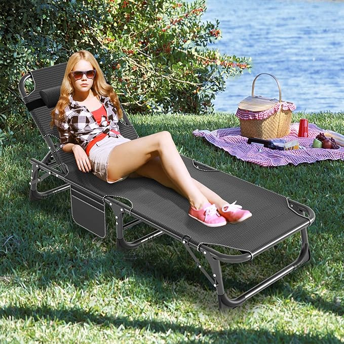 LILYPELLE Folding Outside Chaise Lounge Chair with Mattress, 5 Position Adjustable Patio Folding Lounge Chair Reclining Chairs Perfect for Outside, Sunbathing, Camping, Pool, Beach, Patio, Cool Black