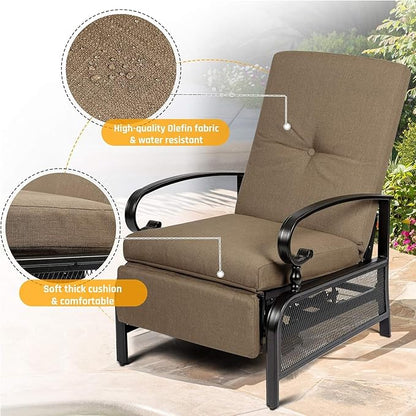 SUNCROWN Outdoor Recliner Chairs Patio Adjustable Relaxing Chair Outdoor Metal Furniture Chair with Thick Cushion and Sky Blue 9Ft Umbrella(Brown)