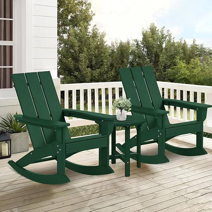 Costaelm Outdoor Adirondack Chair, All Weather Resistant Lawn Chairs Balcony Chair and Fire Pit Chairs, Patio Chair Outdoor Porch Rocking Chair High Back HDPE Poly Lumber, Dark Green