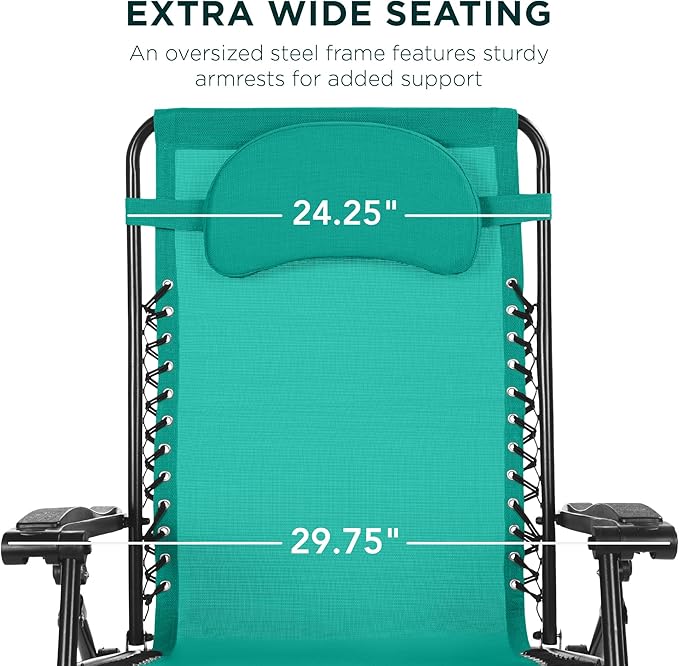 Best Choice Products Oversized Zero Gravity Chair, Folding Outdoor Patio Lounge Recliner w/Cup Holder Accessory Tray, Pillow - Mint