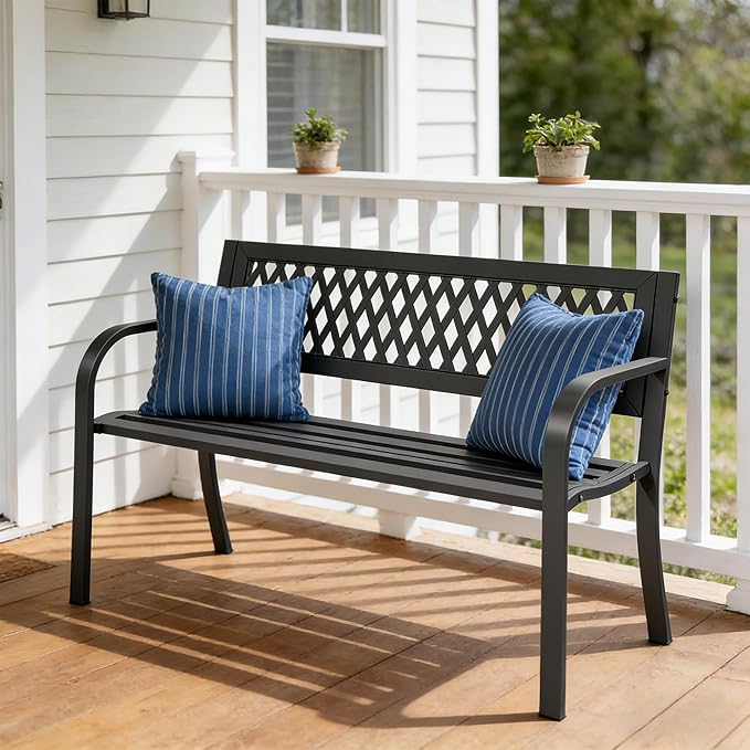 Outdoor Garden Bench, Weatherproof Metal Park Bench for Garden Lawn Porch Park Backyard - Photo 8