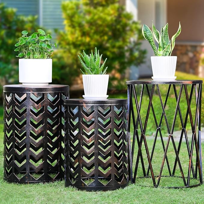Y&M Set of 3 Black with Bronze End Tables, Nesting Metal Round Coffee Table, Heavy Duty Metal Plant Stand Garden Stool - Photo 3
