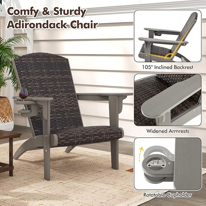 Tangkula Patio Wicker Adirondack Chair, HDPE Lounge Chair w/Rattan Padded Seat & Back, Wide Armrests & Hidden Cupholder, Outdoor All-Weather Adirondack Fire Pit Chair for Backyard, Lawn (1, Grey)