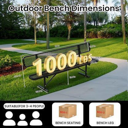 6 FT Heavy Duty Park Bench, Outdoor Metal Black Bench with Back-Commercial Steel Benches for Outside, 2-4 Person Seat-Garden Benches with Portable Frame for Outdoors