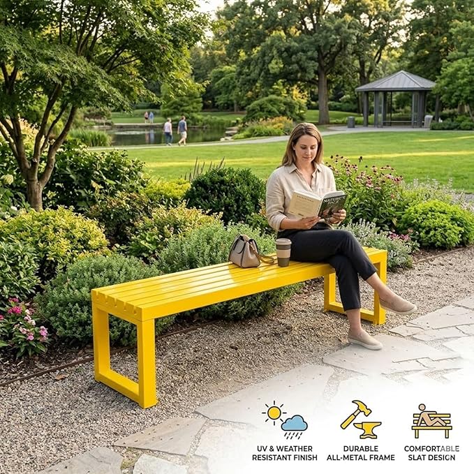 Outdoor Metal Backless Bench, Garden Bench 880lbs Capacity, 3.3ft 3.9ft 4.9ft 5.9ft All-Weather Steel Patio Benches for Outside Front Porch Yard Deck Pathway Seating(Black,5.9ft)
