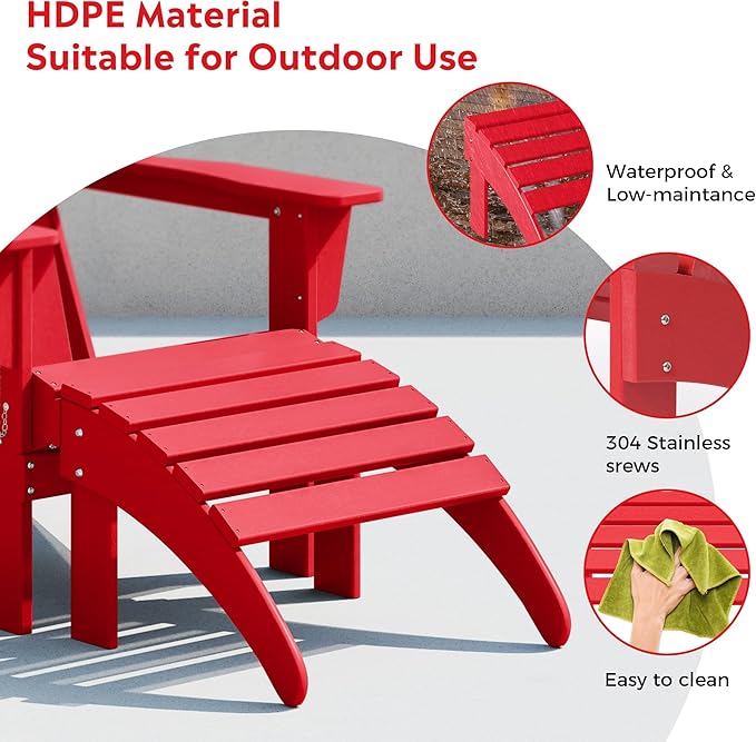 Costaelm Adirondack Chair Footrest Foldable Ottoman, Folding Ottoman Outdoor Foot Rest for Patio Waterproof, Adirondack Ottoman Outdoor, Red