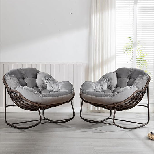 HOMEFUN Outdoor Patio Rocking Chairs Set of 2, Oversized Papasan Rock Chair Indoor with Velvet Padded Cushion - Rocker Egg Seat for Front Porch, Garden, Backyard Light Gray